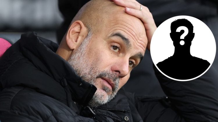 Pep Guardiola looking dejected during a Premier League clash between Manchester City and Bournemouth, mystery image inset
