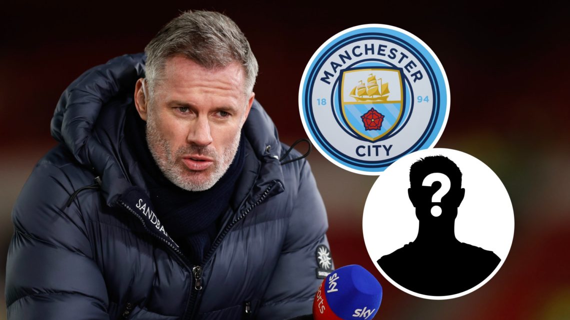 Jamie Carragher with inset of Manchester City badge and mystery silhouette