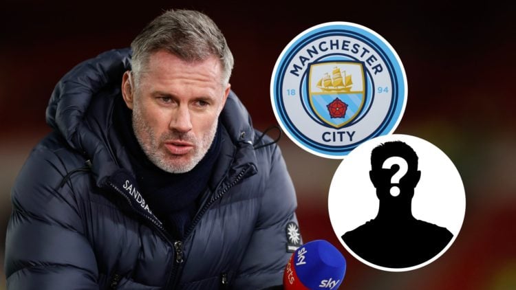 Jamie Carragher with inset of Manchester City badge and mystery silhouette