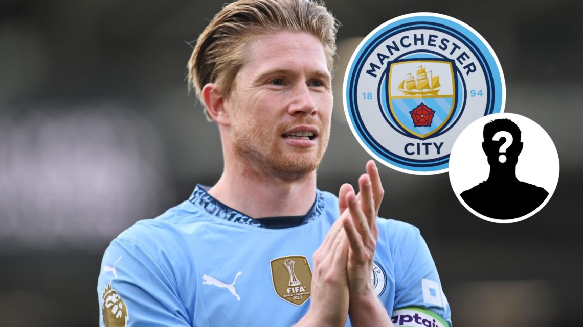 Image of Kevin De Bruyne clapping the Manchester City fans after a Premier League win away at Fulham, Manchester City badge and mystery figure insets