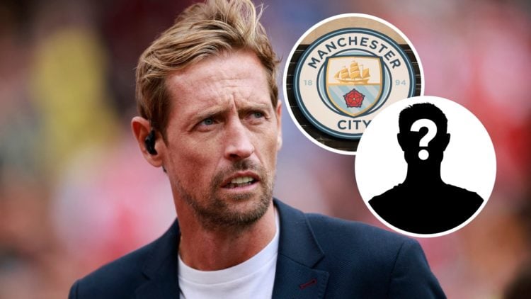 Peter Crouch with insets of Manchester City badge and mystery silhouette