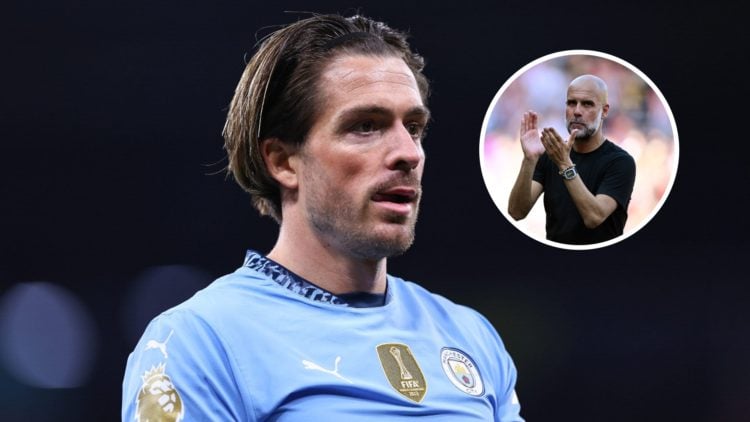 Manchester City winger Jack Grealish with inset of manager Pep Guardiola