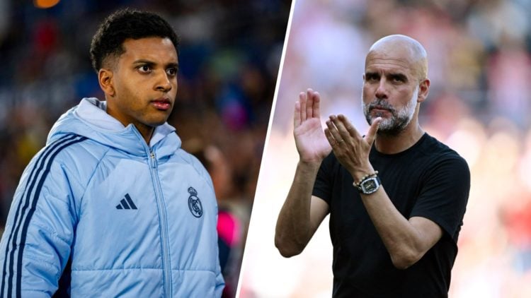 Split image - Rodrygo in a Real Madrid jacket (left) Pep Guardiola clappng his hands at Man City fans (right)