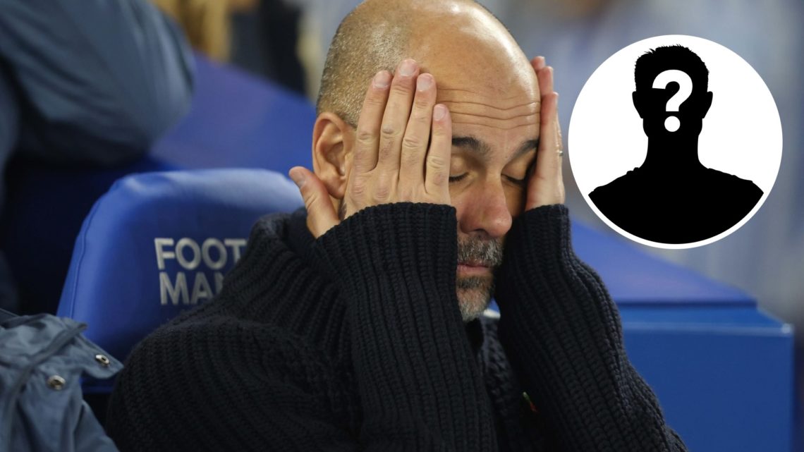 Pep Guardiola looks dejected during a Premier League clash between Manchester City and Brighton, mystery figure inset