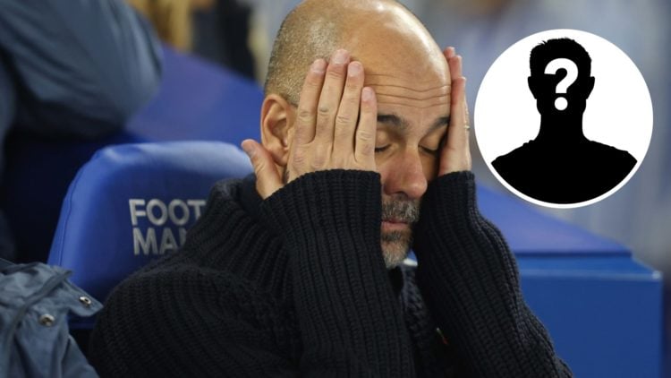 Pep Guardiola looks dejected during a Premier League clash between Manchester City and Brighton, mystery figure inset