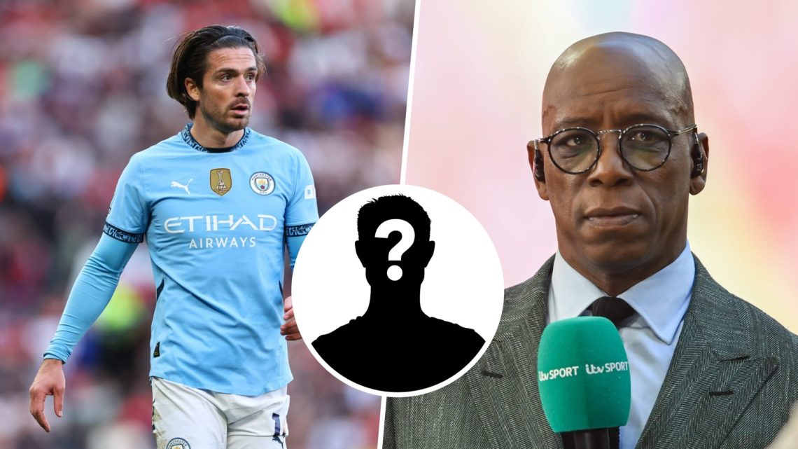 Split image - Jack Grealish in action for Man City (left) Ian Wright with an ITV Sport microphone (right) mystery player inset (middle centre)