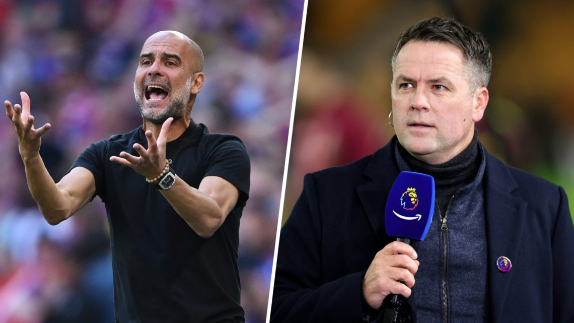 Split image - Pep Guardiola with his hands out in front of him (left) Michael Owen with a microphone in his hands (right)