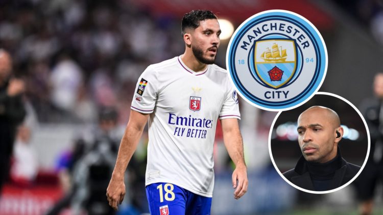 Image of Rayan Cherki playing for Lyon with Manchester City badge and Thierry Henry insets