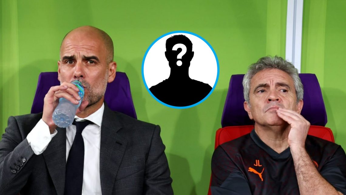 Manchester City duo Pep Guardiola and Juanma Lillo watch on from the bench (central), mystery player inset
