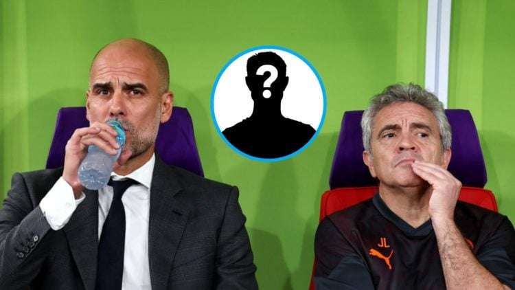 Manchester City duo Pep Guardiola and Juanma Lillo watch on from the bench (central), mystery player inset