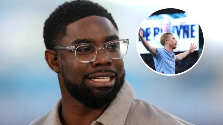 Close up of Micah Richards' face with a pair of clear glasses on (main image) inset of Kevin De Bruyne with his hands out wide after scoring a goal...
