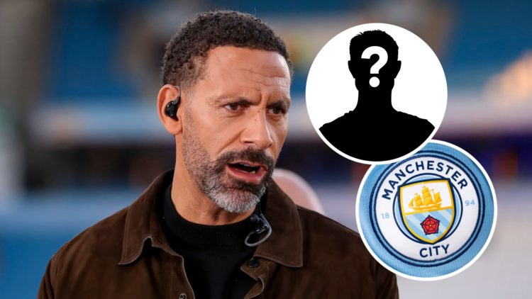 Rio Ferdinand with inset of Manchester City badge and mystery silhouette