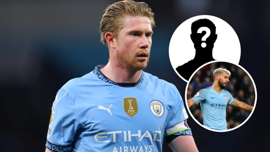 Close up of Kevin De Bruyne in action for Man City (main image) mystery player inset (top right corner) Sergio Aguero with his arms out wide (botto...