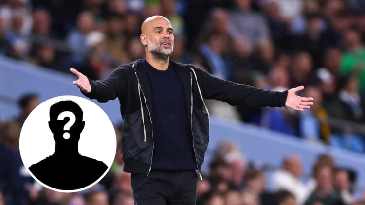 Man City boss Pep Guardiola with his arms out wide (main image) mystery player inset (bottom left corner)