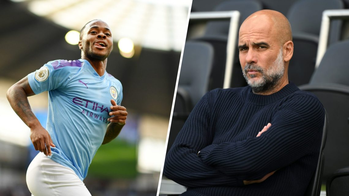 Split image- Raheem Sterling celebrating a goal for Man City (left) Pep Guardiola sitting on the bench with his arms crossed (right)
