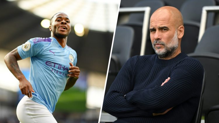 Split image- Raheem Sterling celebrating a goal for Man City (left) Pep Guardiola sitting on the bench with his arms crossed (right)