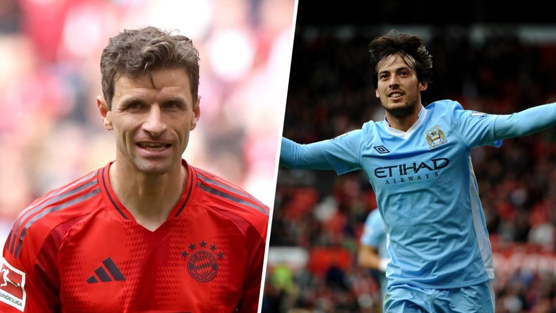 Split image - Close up of Thomas Muller in action for Bayern Munich (left) David Silva celebrating a goal for Man City (right)