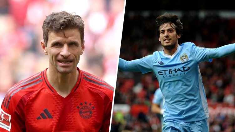 Split image - Close up of Thomas Muller in action for Bayern Munich (left) David Silva celebrating a goal for Man City (right)