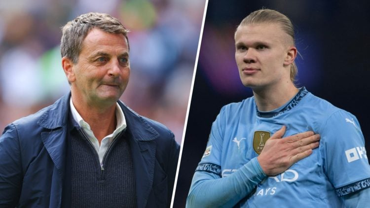 Split image - Close up of Tim Sherwood's face while the pundit is walking (left) Erling Haaland with his hand on the Man City badge on his jersey (...
