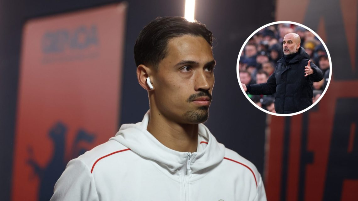 AC Milan midfielder Tijjani Reijnders with inset of Manchester City manager Pep Guardiola