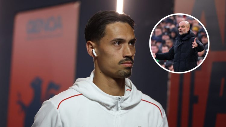 AC Milan midfielder Tijjani Reijnders with inset of Manchester City manager Pep Guardiola