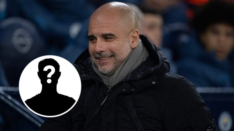 Man City manager Pep Guardiola smiling (main image) mystery player inset (bottom left corner)