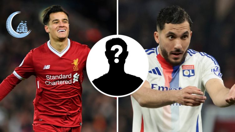 Split image of Philippe Coutinho and Rayan Cherki, with mystery figure inset