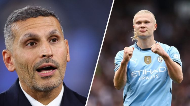 Split image - Close up of Khaldoon Al Mubarak (left) Erling Haaland with his arms out in front of him (right)