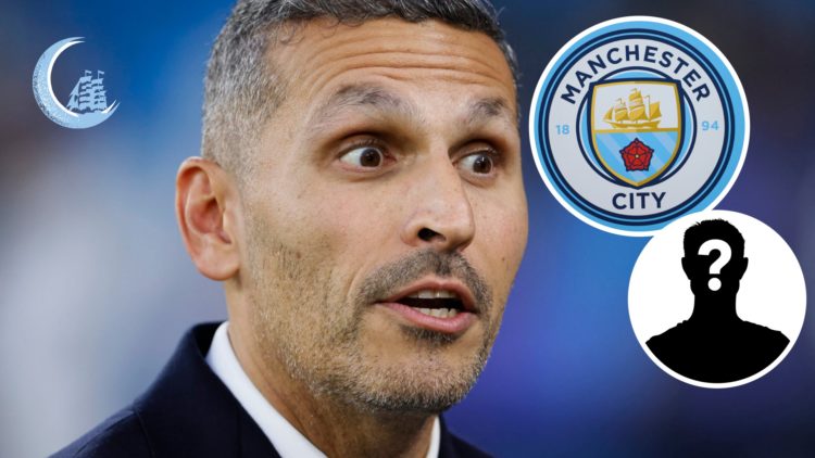 Khaldoon Al Mubarak before the UEFA Champions League clash between Manchester City and Inter Milan, Manchester City badge and mystery figure inset