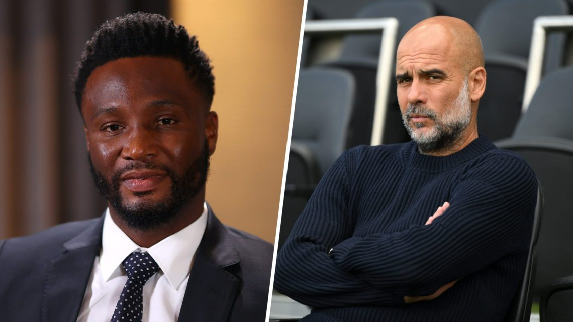 Split Image - close up of John Obi Mikel's face (left) Man City manager Pep Guardiola sitting on the bench at Craven Cottage (right)