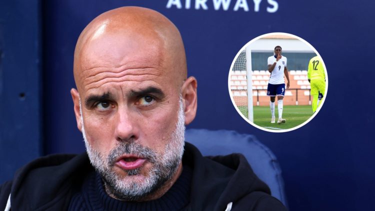 Manchester City manager Pep Guardiola with inset of Divin Mubama