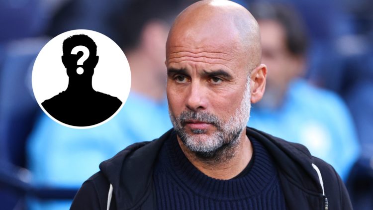 Close up of Pep Guardiola's face with a serious look ahead of a Man City match (main image) Mystery player inset (top left corner)
