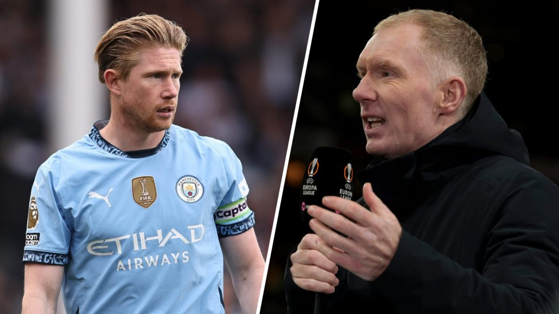 Split image - Close up of Man City's Kevin De Bruyne (left) Paul Scholes talking into a Europa League microphone (right)