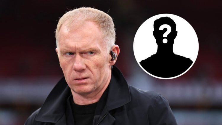 Paul Scholes looking annoyed during punditry work for a Man United match (main image) mystery player inset (top right corner)