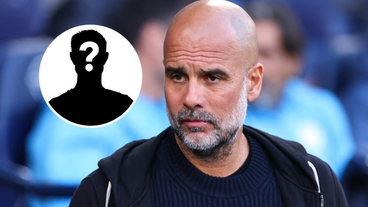 Pep Guardiola with a serious look on his face (main image) mystery player inset (top left corner)