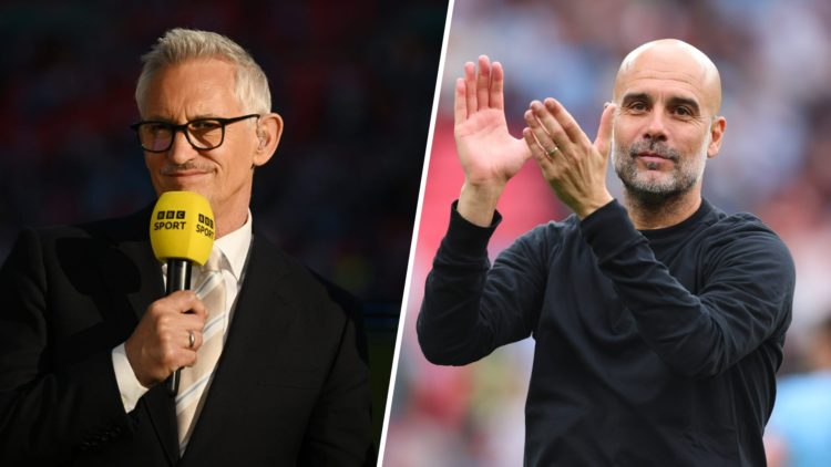 Split image - Gary Lineker holding a BBC microphone (left) Man City manager Pep Guardiola clapping his hands (right)