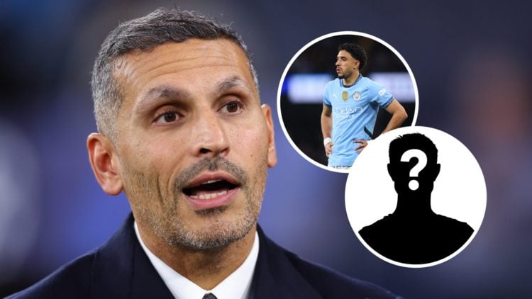 Manchester City chairman Khaldoon Al Mubarak with inset of Omar Marmoush and mystery silhouette