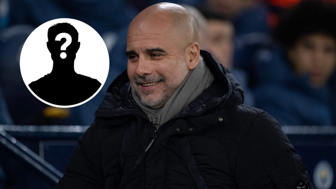 Manchester City manager Pep Guardiola with inset of mystery silhouette