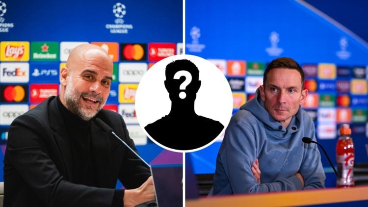 Split image of Manchester City Pep Guardiola and former Red Bull Salzburg manager Pep Lijnders along with mystery silhouette inset