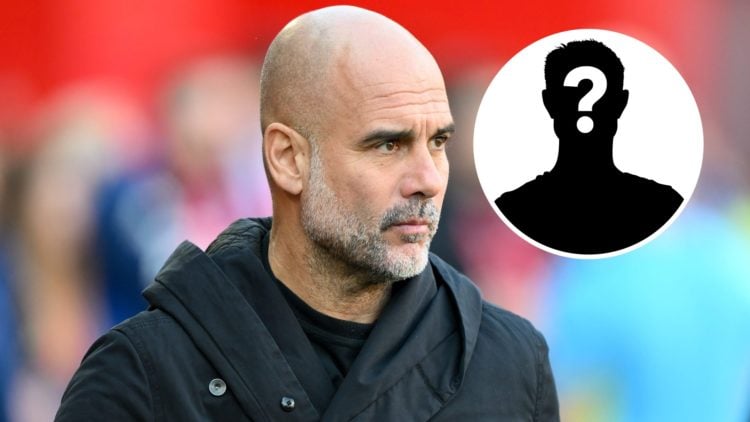 Close up of a concerned Pep Guardiola (main image) mystery player inset (top right corner)