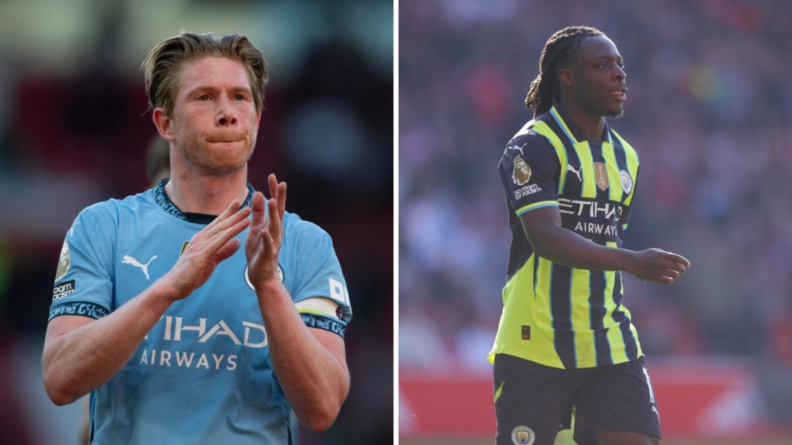Split image of Manchester City stars Kevin De Bruyne and Jeremy Doku