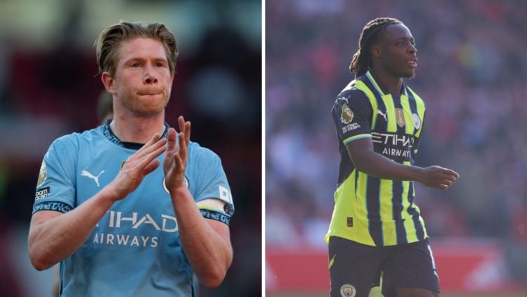 Split image of Manchester City stars Kevin De Bruyne and Jeremy Doku