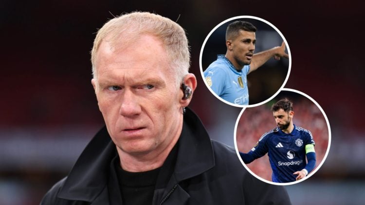 Paul Scholes looking angry while working as a pundit (main image) inset of Rodri pointing (top right corner) Bruno Fernandes giving a thumbs up (bo...