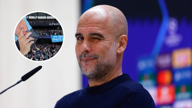 Manchester City manager Pep Guardiola with inset of fans at the Etihad Stadium