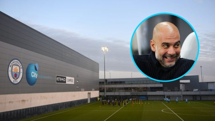A general view of Manchester City's Etihad Campus training complex, and manager Pep Guardiola (inset)