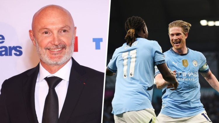 Split image - close up of Frank Leboeuf smiling in a suit (left) Jeremy Doku celebrates with a happy Kevin De Bruyne (right)