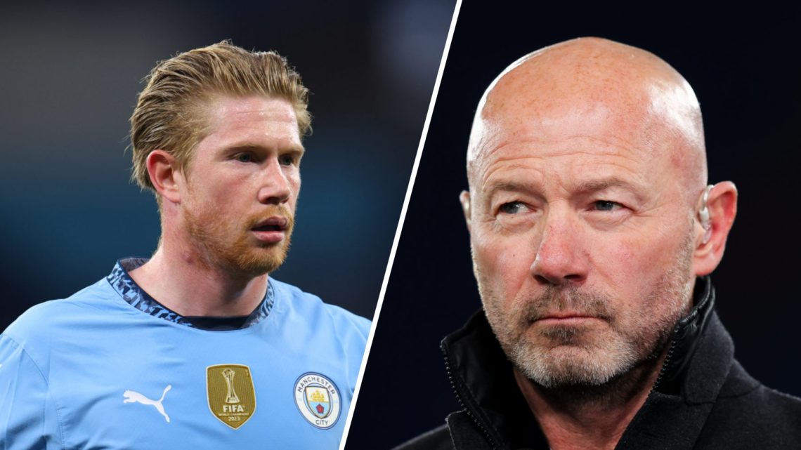 Kevin De Bruyne playing for Manchester City (left), pundit Alan Shearer (right)
