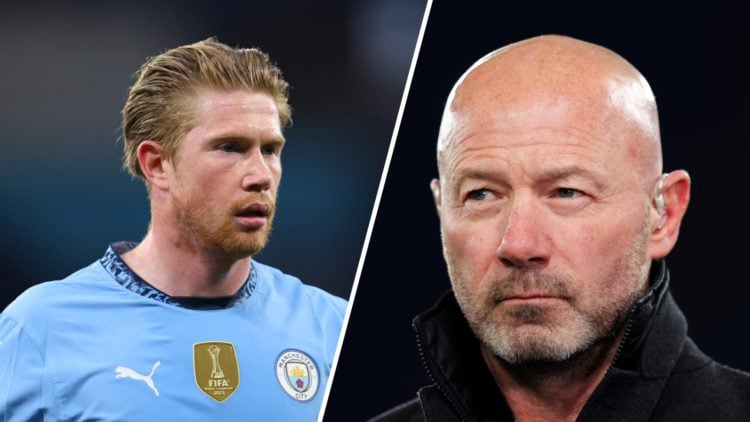 Kevin De Bruyne playing for Manchester City (left), pundit Alan Shearer (right)