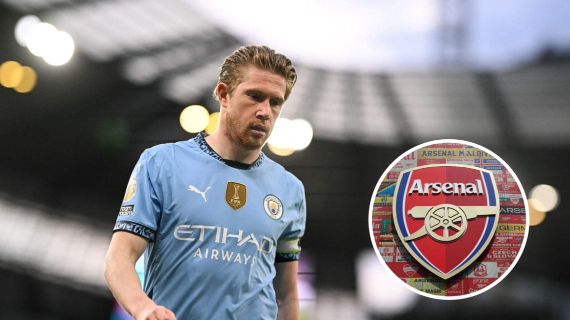 Kevin De Bruyne in action for Man City with his head down (main image) inset of the Arsenal badge (bottom right)