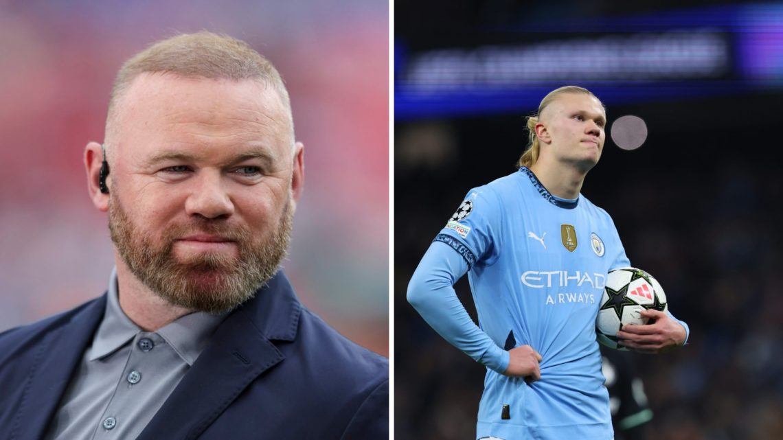 Split image - Wayne Rooney smiling while doing punditry work (left) Erling Haaland standing still with a ball under his arm (right)